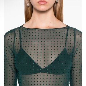 PINKO Emerald Green crystal Fully rhinestoned light tulle sweater top M